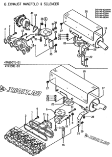  Двигатель Yanmar 4TN100E-G1, узел -  Выпускной коллектор и глушитель 