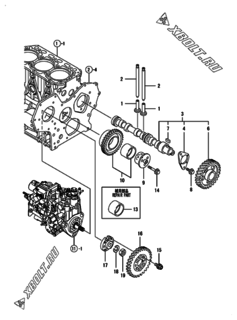  Двигатель Yanmar 3TNV88-BGGE, узел -  Распредвал и приводная шестерня 