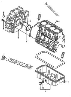  Двигатель Yanmar 4TNV98-IGEHR, узел -  Маховик с кожухом и масляным картером 