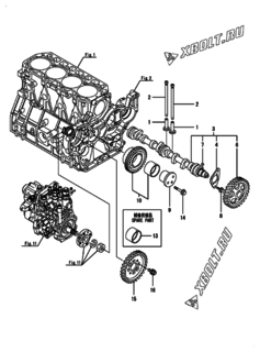  Двигатель Yanmar 4TNV98-IGEHR, узел -  Распредвал и приводная шестерня 