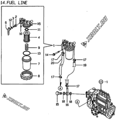  Двигатель Yanmar 4TNE84-MS, узел -  Топливопровод 