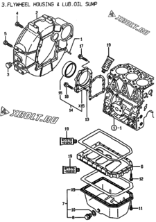  Двигатель Yanmar 3TNE82A-BEN, узел -  Маховик с кожухом и масляным картером 