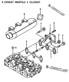  Двигатель Yanmar 3TNE74-ENSR2, узел -  Выпускной коллектор и глушитель 