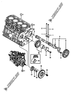  Двигатель Yanmar 4TNV84T-GGEHC, узел -  Распредвал и приводная шестерня 