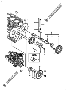  Двигатель Yanmar 3TNV88-BDGP, узел -  Распредвал и приводная шестерня 